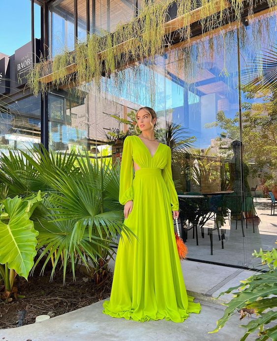 Vestido formal de gasa larga, elegante, fluido, de corte A, amarillo y verde, para noche y fiesta. Tiendas con vestidos de graduación.